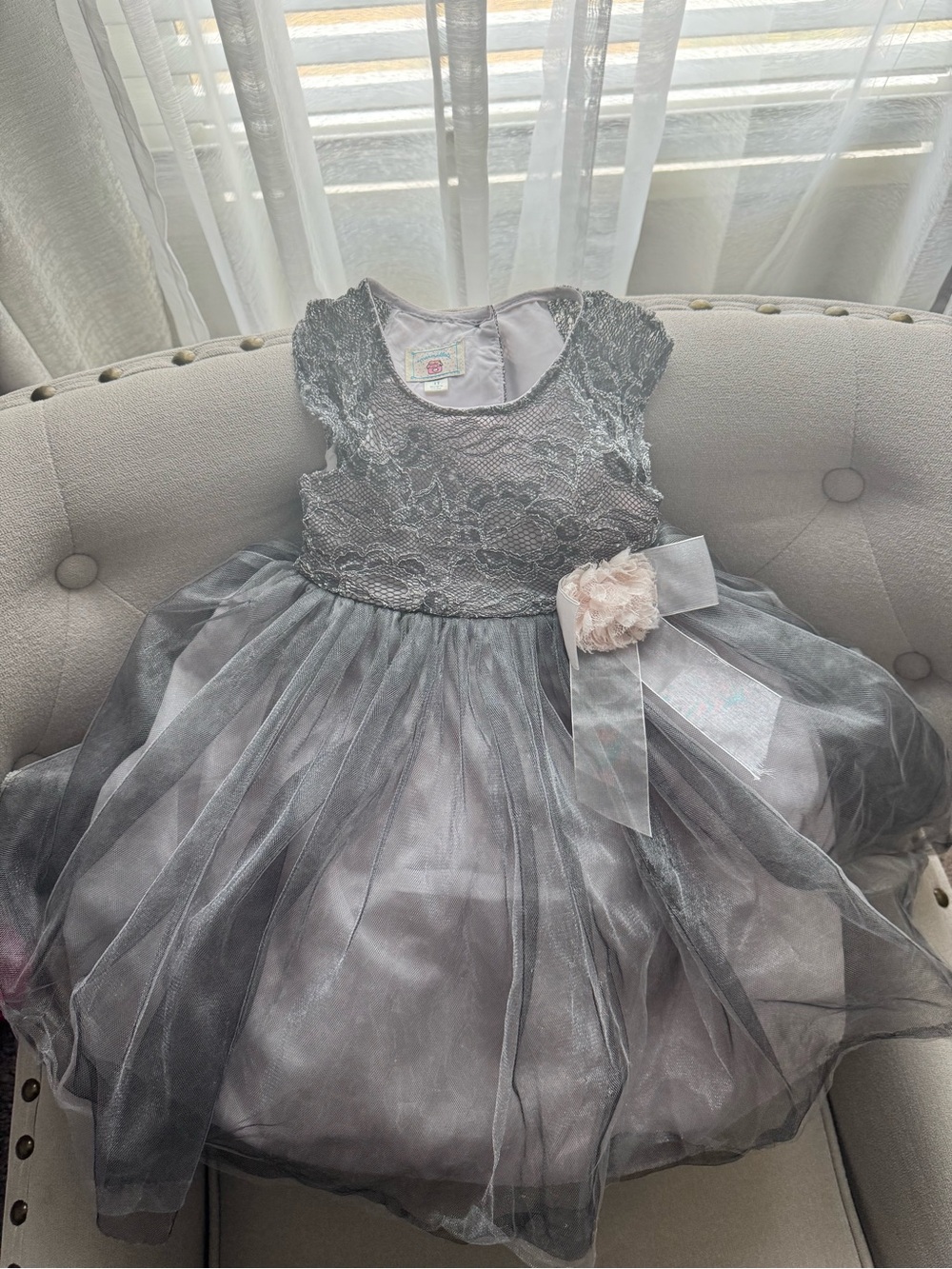 marmellata Silver Lace and Tulle Flower Sash Party Dress